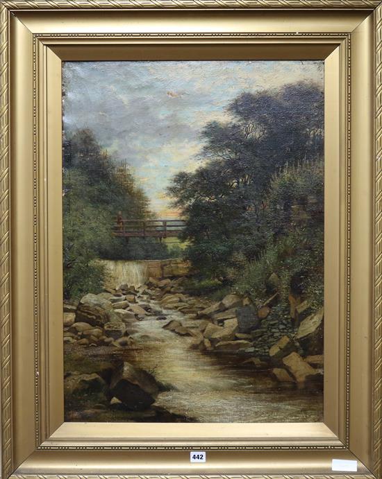 J. Dickenson, oil on canvas, Stream running through a landscape, 75 x 54cm